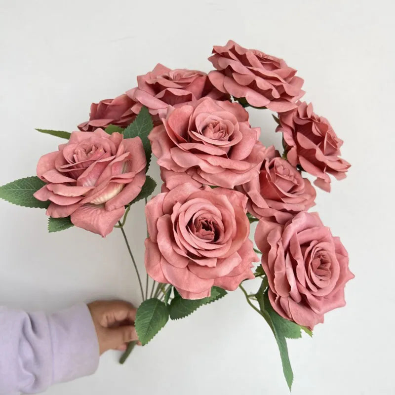 9Heads Diamond Roses Bouquet Artificial Flower Living Room Decoration Wedding White Ivory Red Brown Rose Fake Rose Fake Rose