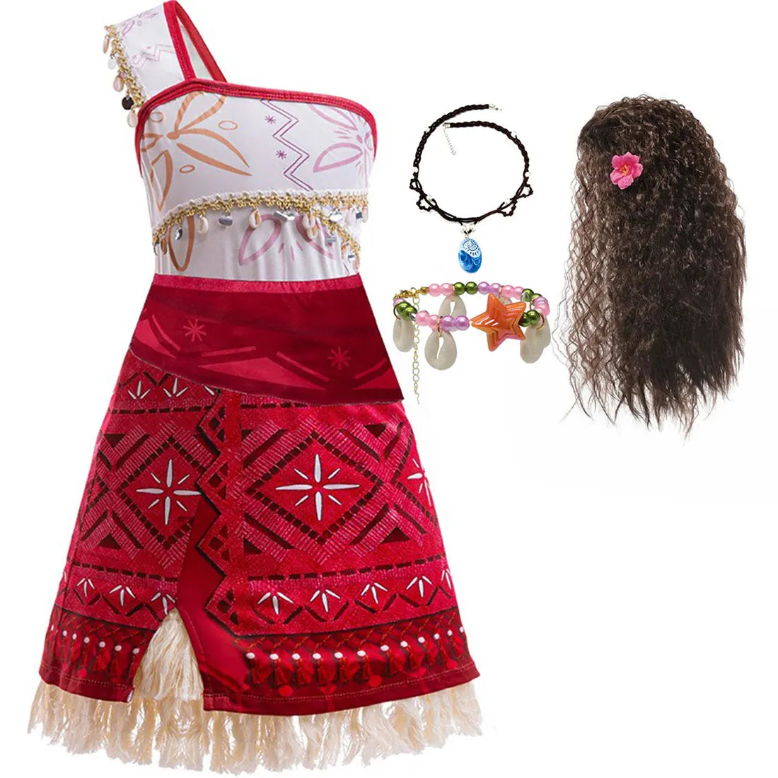 Disney New Summer Movie Hot Moana 2 Short-sleeved Clothes Girl Cosplay Moana Princess One-Shoulder Suspender Dress + Wig Set