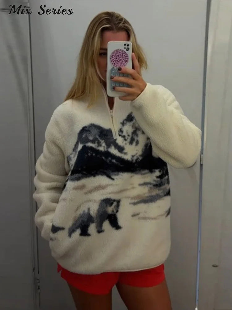  Fashion Printed Sherpa Pullover Women's Loose Long Sleeve Zippers Cozy Style Top 2025 Autumn New Lady Casual Warm Outerwear