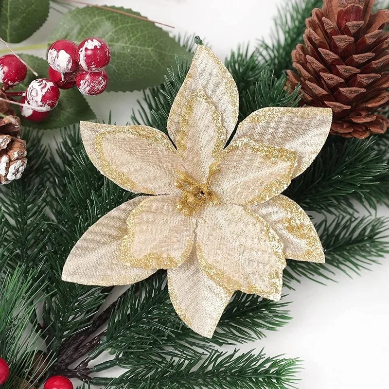 10Pcs Artificial Flowers Christmas Decoration 13CM Xmas Tree Pendant Ornaments for Home Room Decor Navidad New Year 2025 Garland