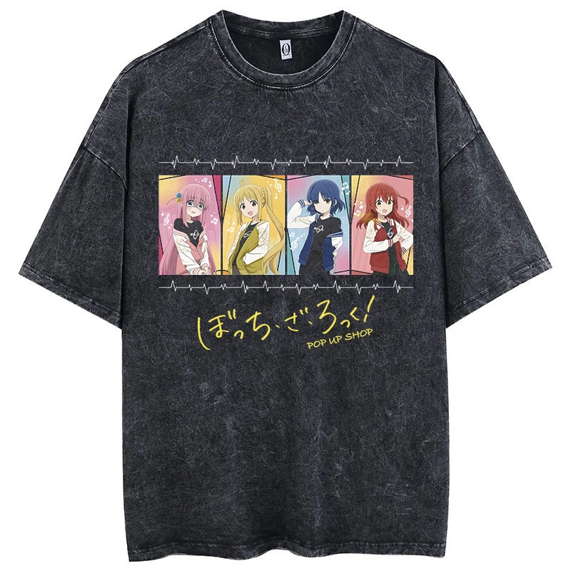 Men Oversized Printed Tshirts Bocchi Club Music Band Anime Bocchi The Rock Cotton Tops Creative Crew Neck Tees Washed TShirt