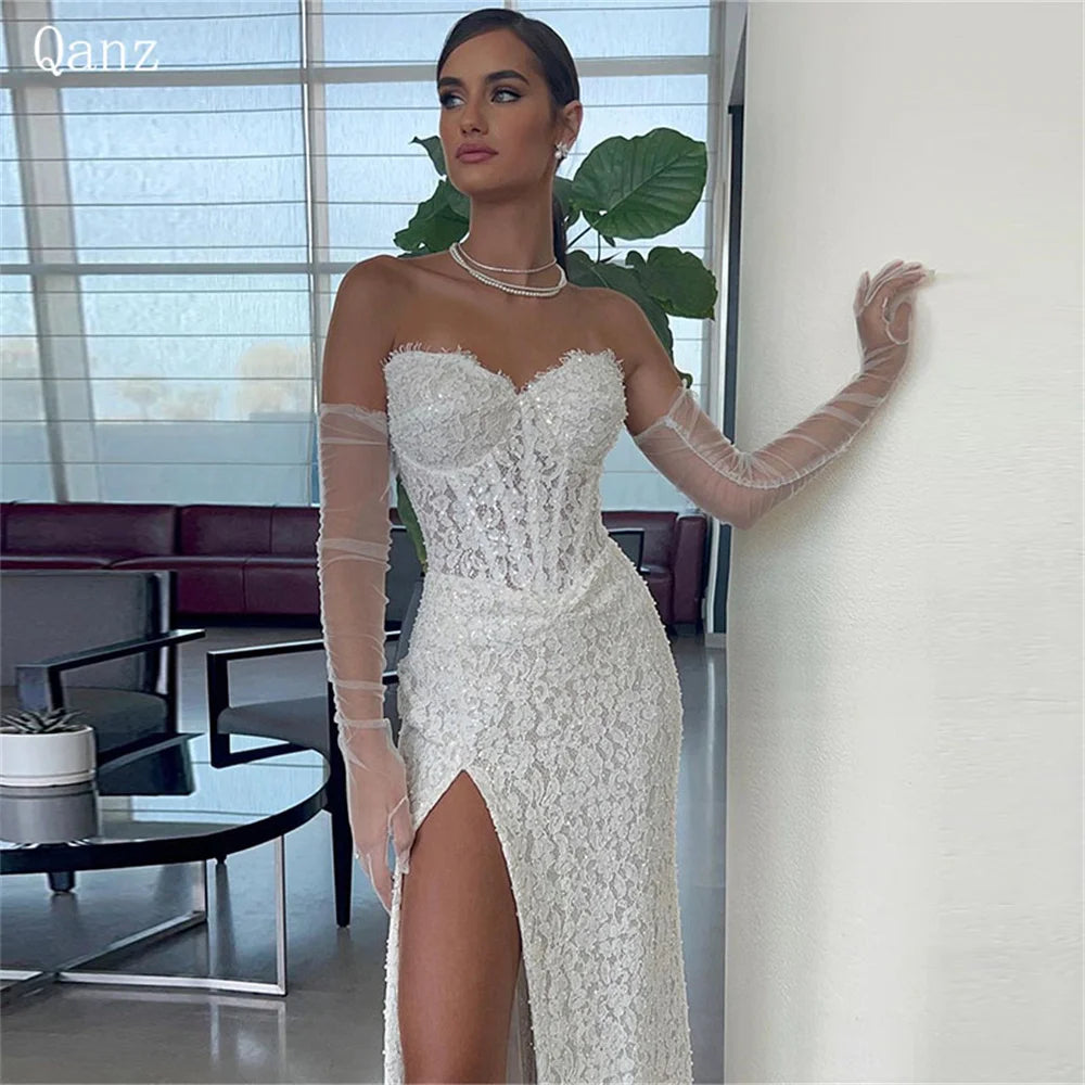 Qanz Sparkle Lace Wedding Dresses Sweetheart Mermaid Leg Slit Party Gown Floor Length Vestidos En Oferta Liquidación Customized