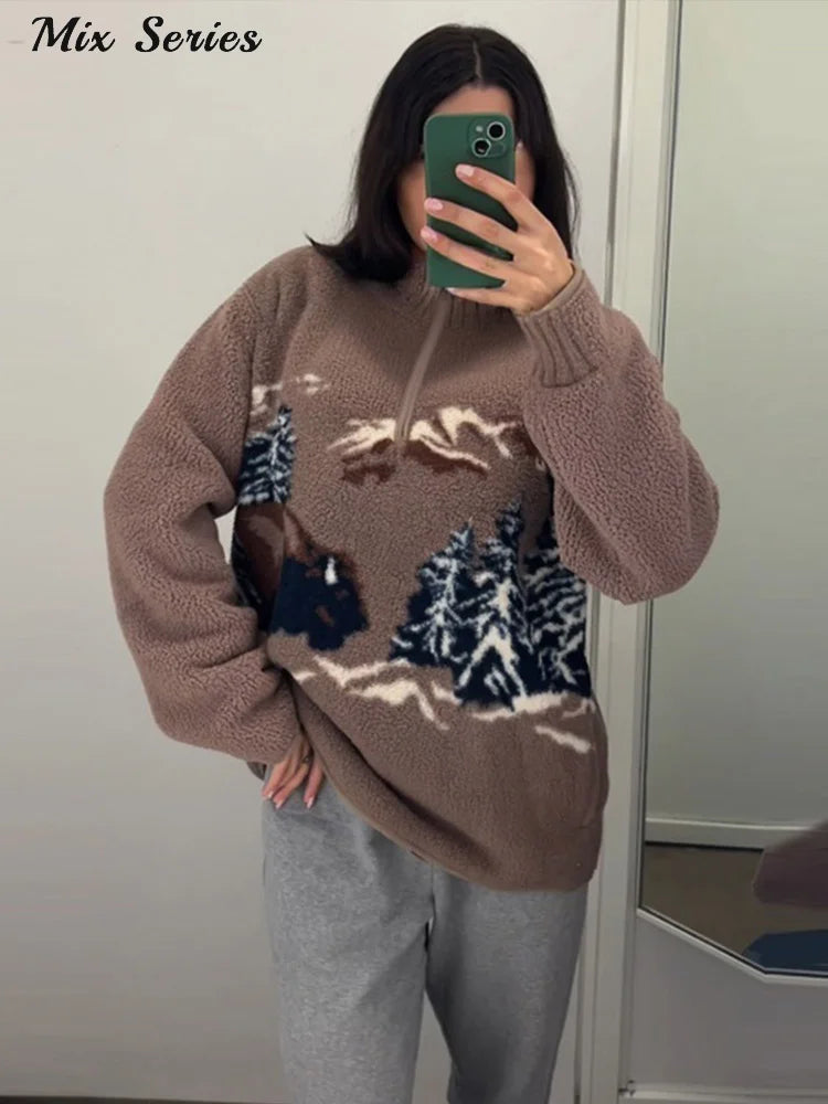  Fashion Printed Sherpa Pullover Women's Loose Long Sleeve Zippers Cozy Style Top 2025 Autumn New Lady Casual Warm Outerwear