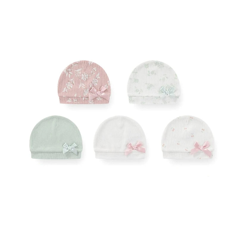5Pieces Newborn Baby Boy Hats Cartoon Print 100%Cotton Baby Girls Hats 0-6Months Soft Solid Color Infant Accessories