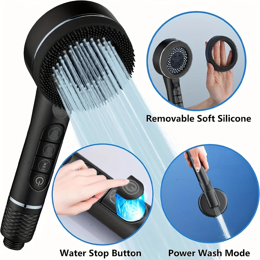 4 Modes Pressurized Shower Head Thickened ABS Handheld Filter Showerhead with Silicone Brush One-Key Stop Water Shower Nozzle