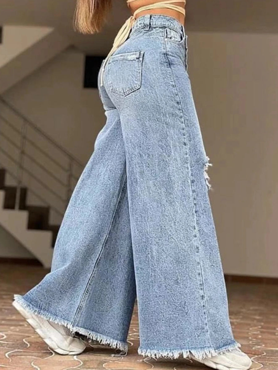 Women's Fashionable High Waisted Retro Loose Hole Wide Leg Pants Light Color Washed New Jeans Women's Long Pants