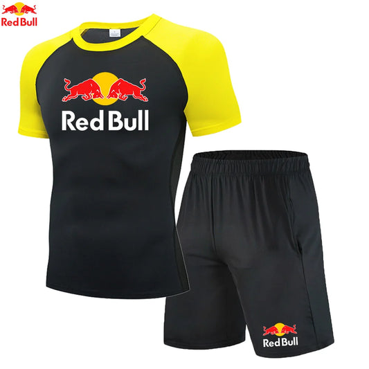 Red BullRashguard Short Sleeve T Shirts Shorts Suits Men Tracksuit Gym Boxing Jerseys Compression Shirt Fitness Running Training