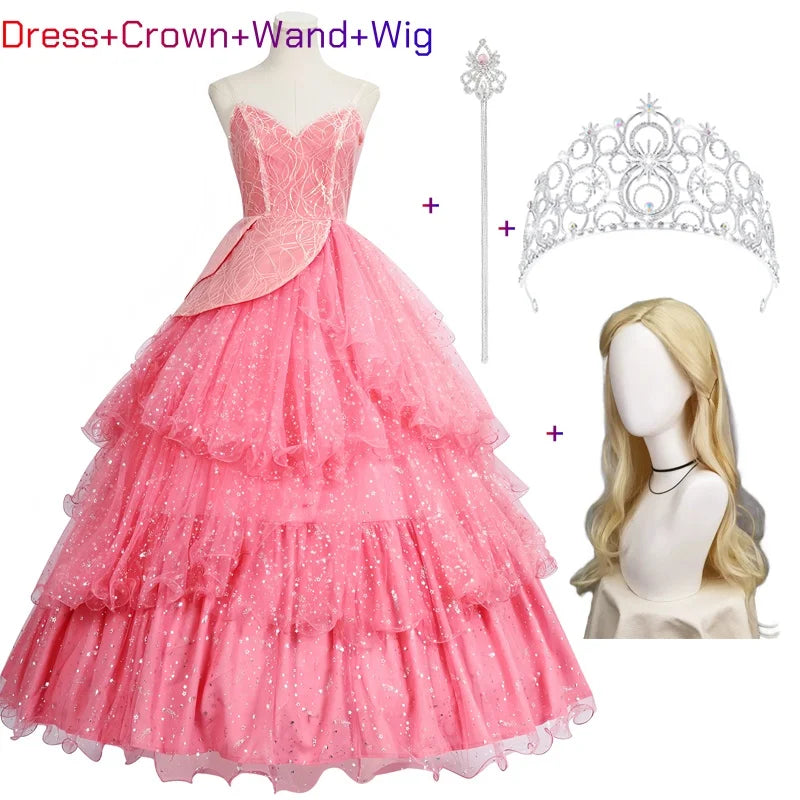 Wicked Glinda Dress for Adults Pink Glinda Cosplay Costume Dress Halloween Dance Party Show for Women Role-Playing Party Outfit