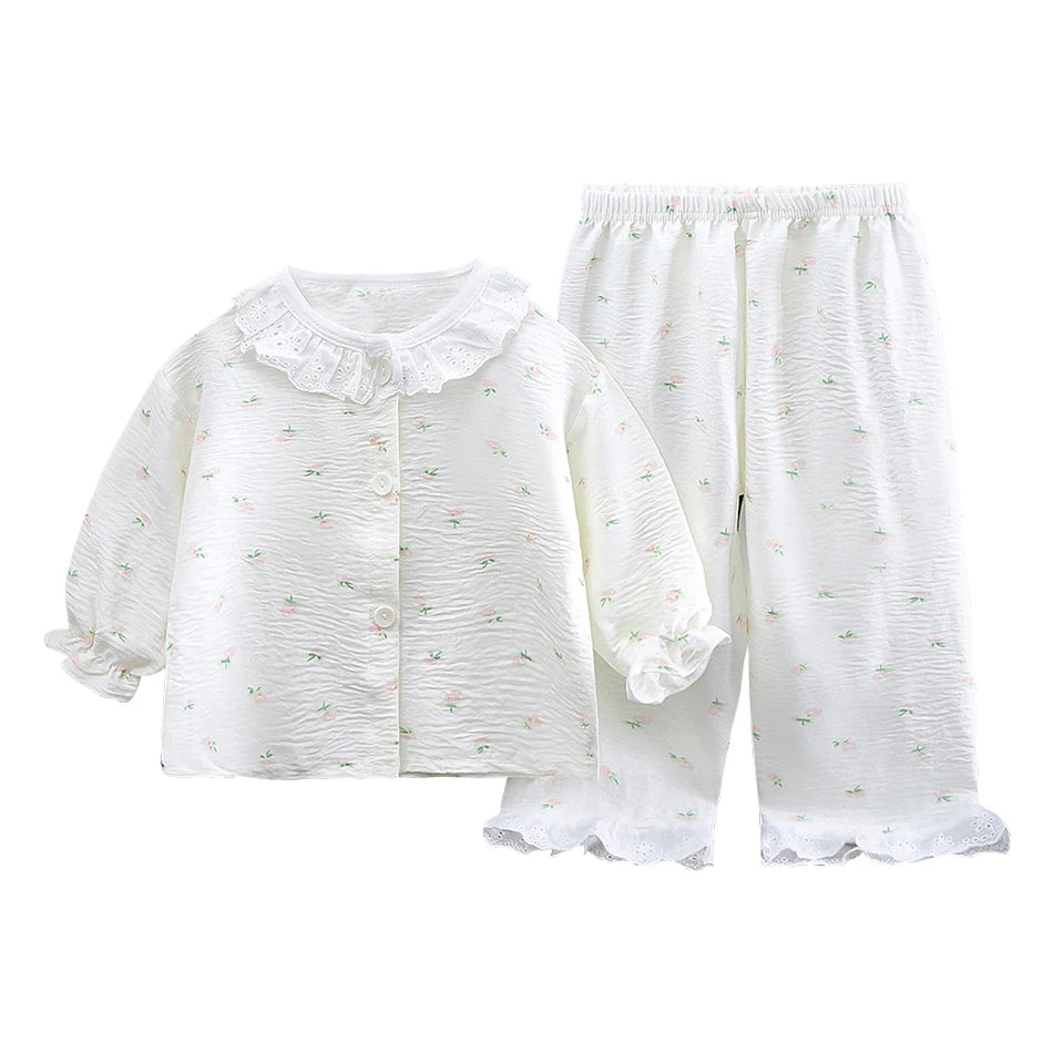 2025 Girl Sleepwear Summer Children Cartoon Lace Ruffles Pajamas Two Piece Set Outfit Casual Loose Home Wear Comfy Kids Clothing