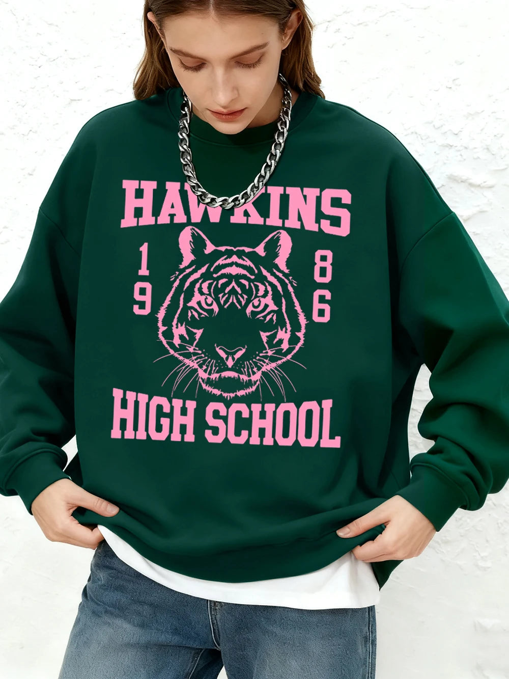 Hawkins High School 1986 Prints Sweatshirts Womens Winter Loose Hoodies Fleece Warm Jogger Tops Basics Casual Crewneck Clothes
