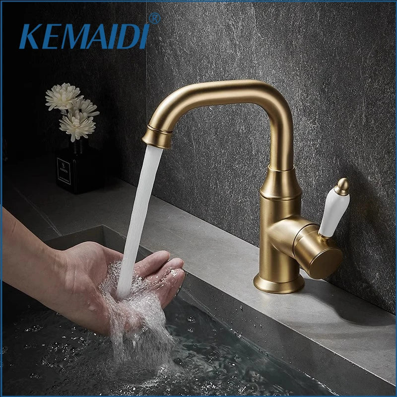 KEMAIDI Bathroom Faucet Brushed Gold Washbasin Faucets Tap Single Handle Cold Hot Water Mixer Tap Deck Mounted Brass Faucets