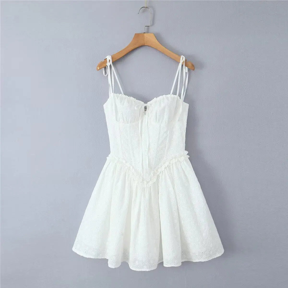 Summer dress 2025 Women Sexy White Lace Dressses Embroideryed Bodycon Mini Dress Korean Fashion Ruffle Dresss Lace Up Fish Bone