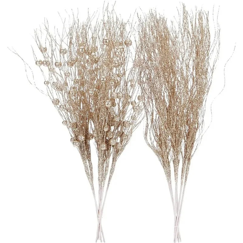 2Pcs Christmas Decoration Glitter Branches Christmas Tree Ornaments Artificial Flowers for Home Xmas New Year Party Accessories