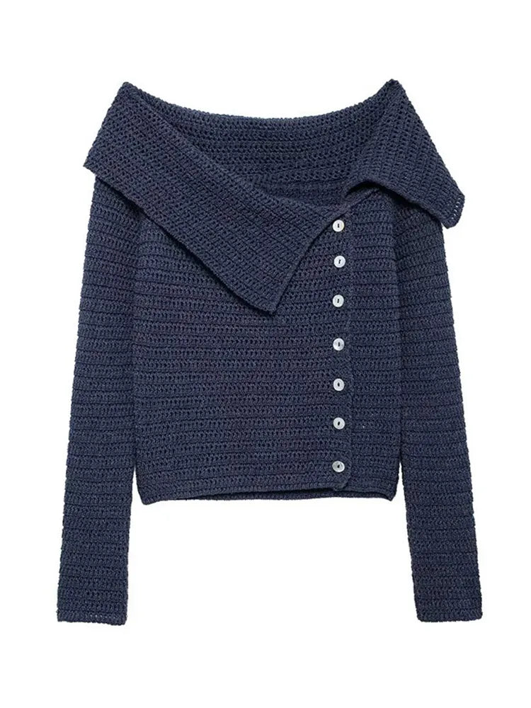 Off Shoulder Knitted Sweater Slanted Shoulder Hollow Out Knitwear Women Button Loose Casual Slimming Top Long Sleeved Blouse