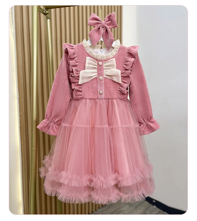 Young Girls' Winter Princess Clothes Red Thickened Velvet Dresses Baby Girl One-piece New Year's Birthday Party Corduroy Dress ‌