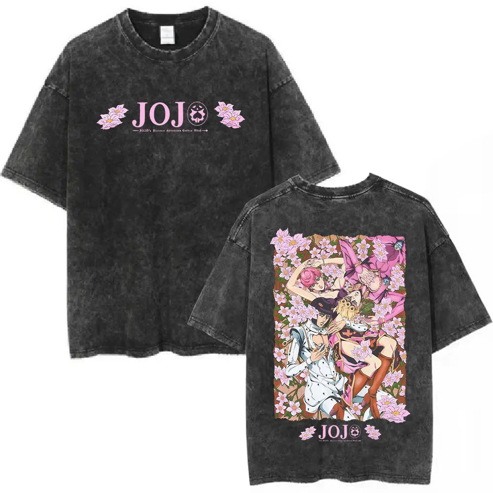 Anime JoJo Bizarre Adventure Vintage Washed T-shirt Giorno Giovanna Bruno Buccellati T-shirts Men's Women Fashion Casual T Shirt
