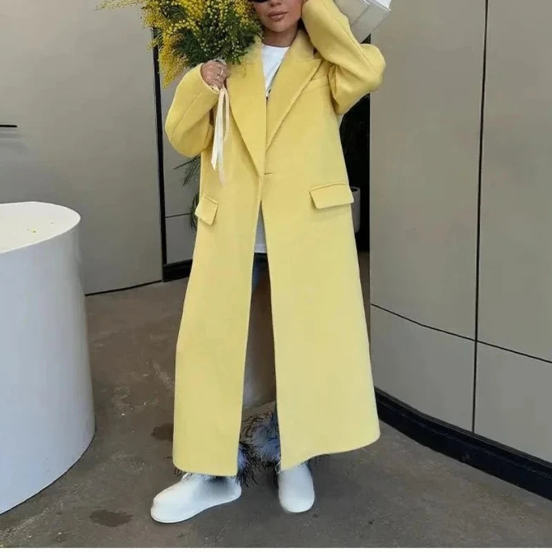 2025 Autumn Women's Trench Coat  Elegant Collar  Single Button  Wool-like Loose Overcoat for Women