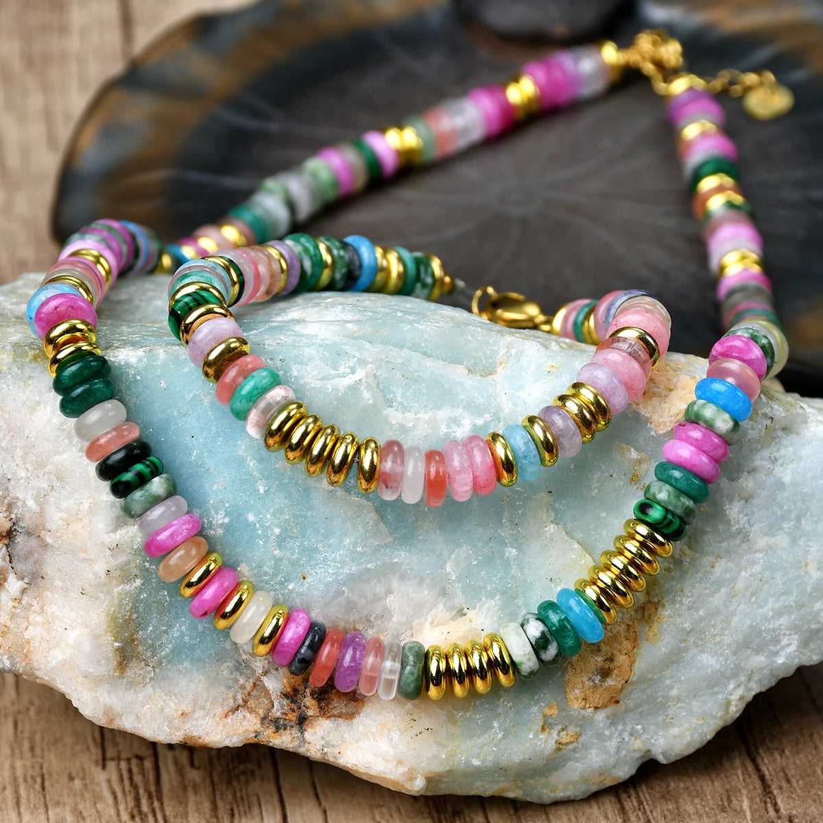 Yumfeel 2PCS Necklace Bracelet Set Bohemia Colorful Natural Stone Beaded Handmade Women Jewelry Gift Summer Vacation Surf Decor