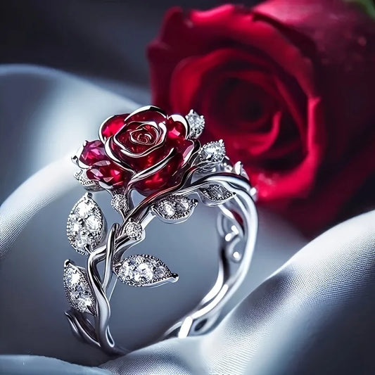 Vintage Red Rose Flower Ring for Women Elegant Jewelry Gift for Valentine's Day Anniversary Engagement Wedding Christmas