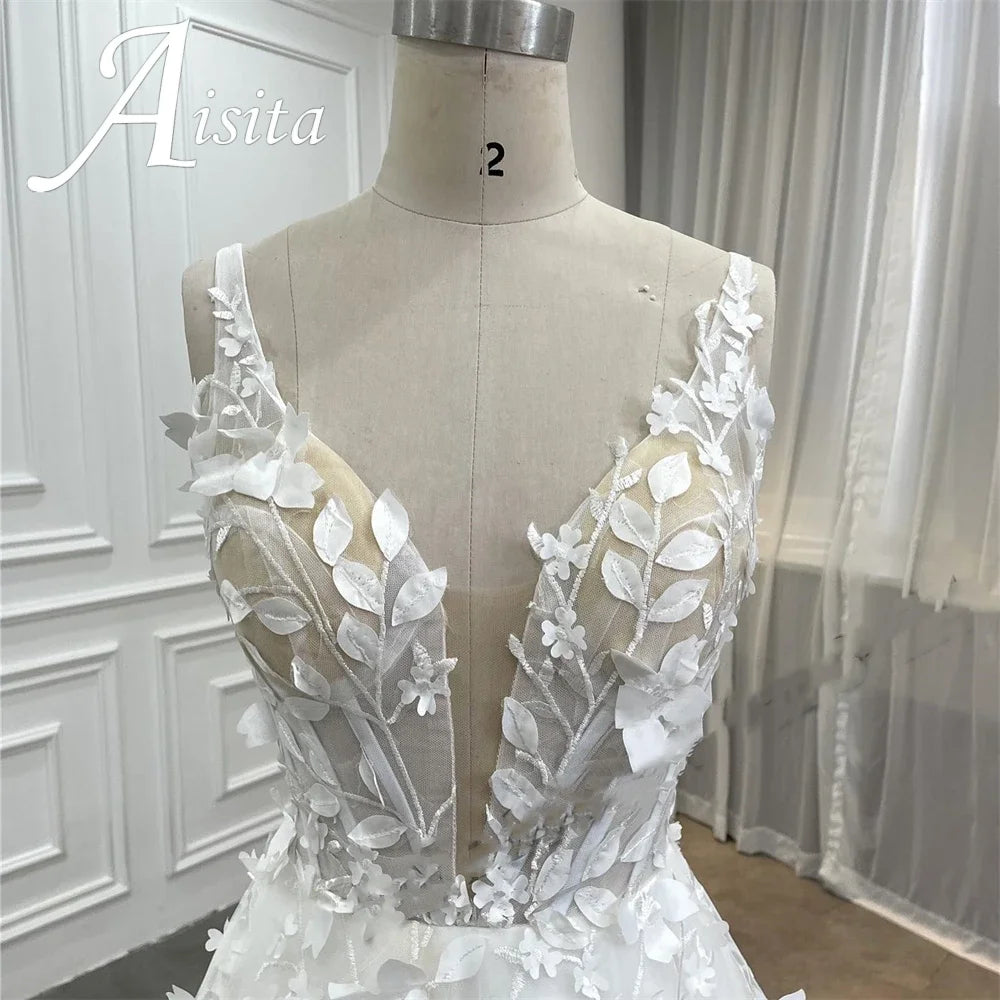 Modern Wedding Dresses For Woman 2025 Bridal V-neck Sleeveless A-LINE 3D Flower Appliques Vestidos De Novia Customized For Women