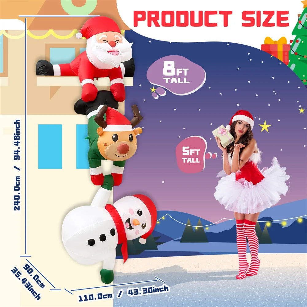 2.4M Inflatable Christmas Climbing Santa Claus with Reindeer & Snowman,Built-in LED for Outdoor Beam Roof Tree Party Yard Decor
