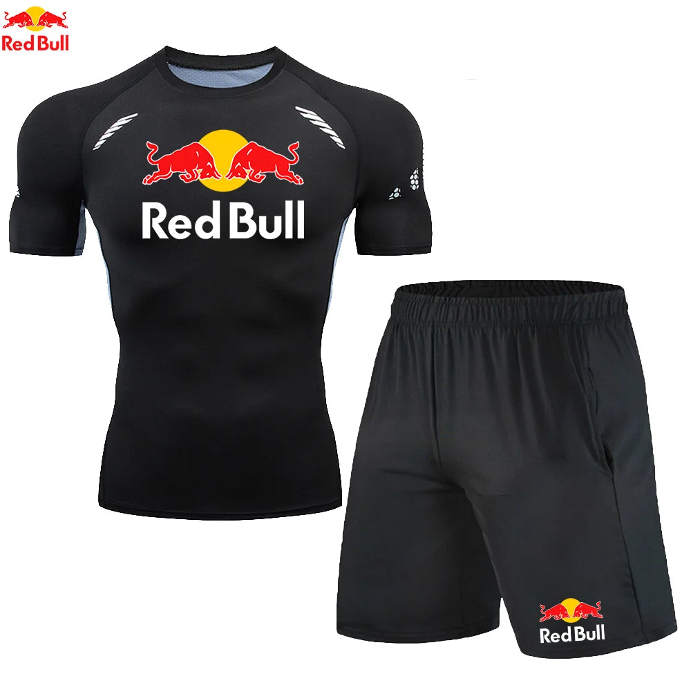 Red BullRashguard Short Sleeve T Shirts Shorts Suits Men Tracksuit Gym Boxing Jerseys Compression Shirt Fitness Running Training