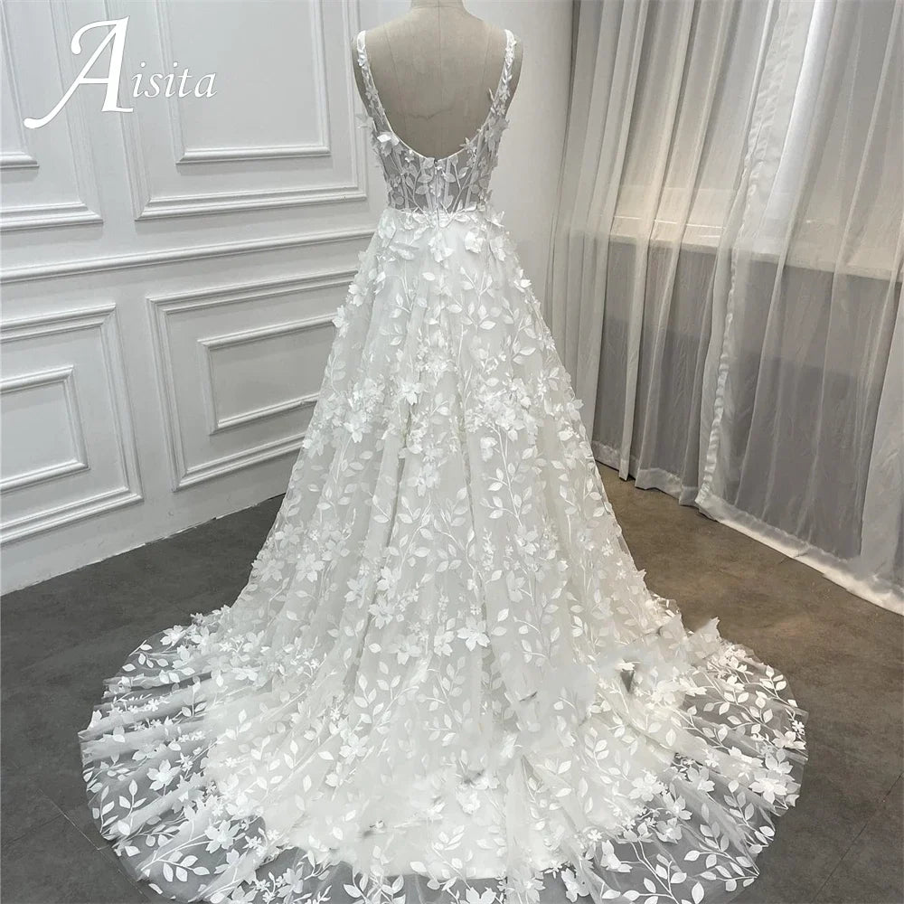 Modern Wedding Dresses For Woman 2025 Bridal V-neck Sleeveless A-LINE 3D Flower Appliques Vestidos De Novia Customized For Women
