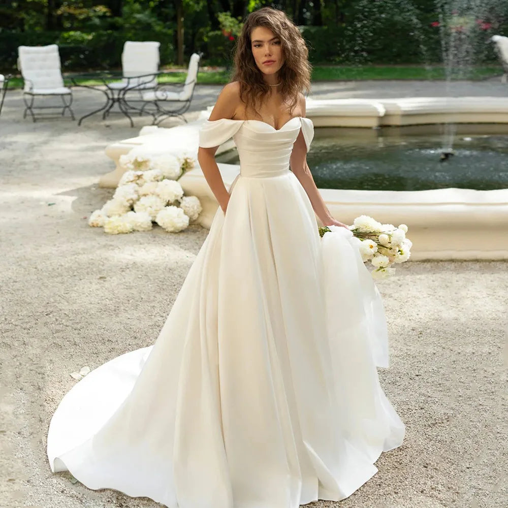 Romantic Wedding Dress Customized Off The Shoulder Pleat Body Sweep Train A Line Satin Bridal Gown Vestidos De Novia Lace-up