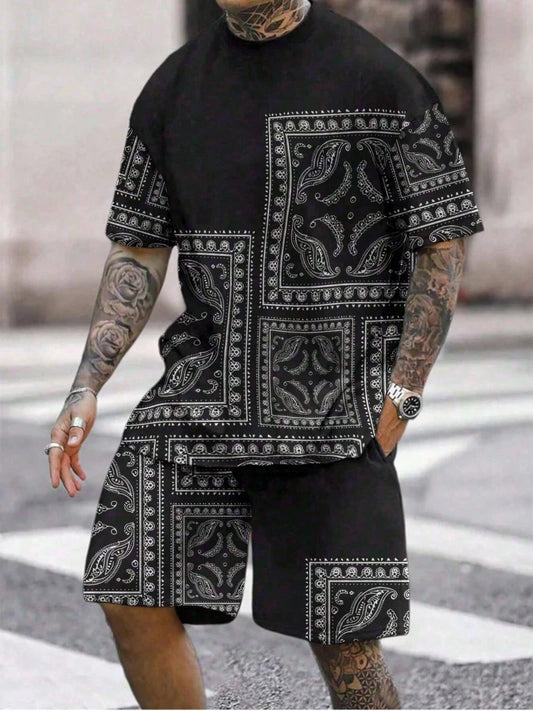 Men's Street Casual Set Paisley Printed Men's Short Sleeve T-Shirt and Shorts Set Comfortable and Breathable Two Piece Set