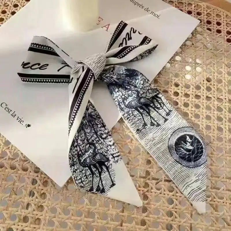 Fashion Printing Long Ribbon Silk Scarf Headband for Women Elegant Tie Ponytail Bow Headband Hair Tie Резинки Для Волос