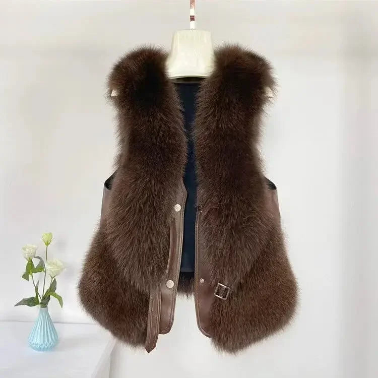 2024 autumn and winter fur vest short spliced  leather, new style with shoulder collar and gold  short   sobretudo feminino
