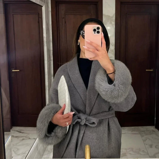 Wool Jacket Women Winter Spring Wool Blend Coat Lady Strap Autumn Long Sleeves Loose Wool Coat Furry Sleeve Real Fur Jacket