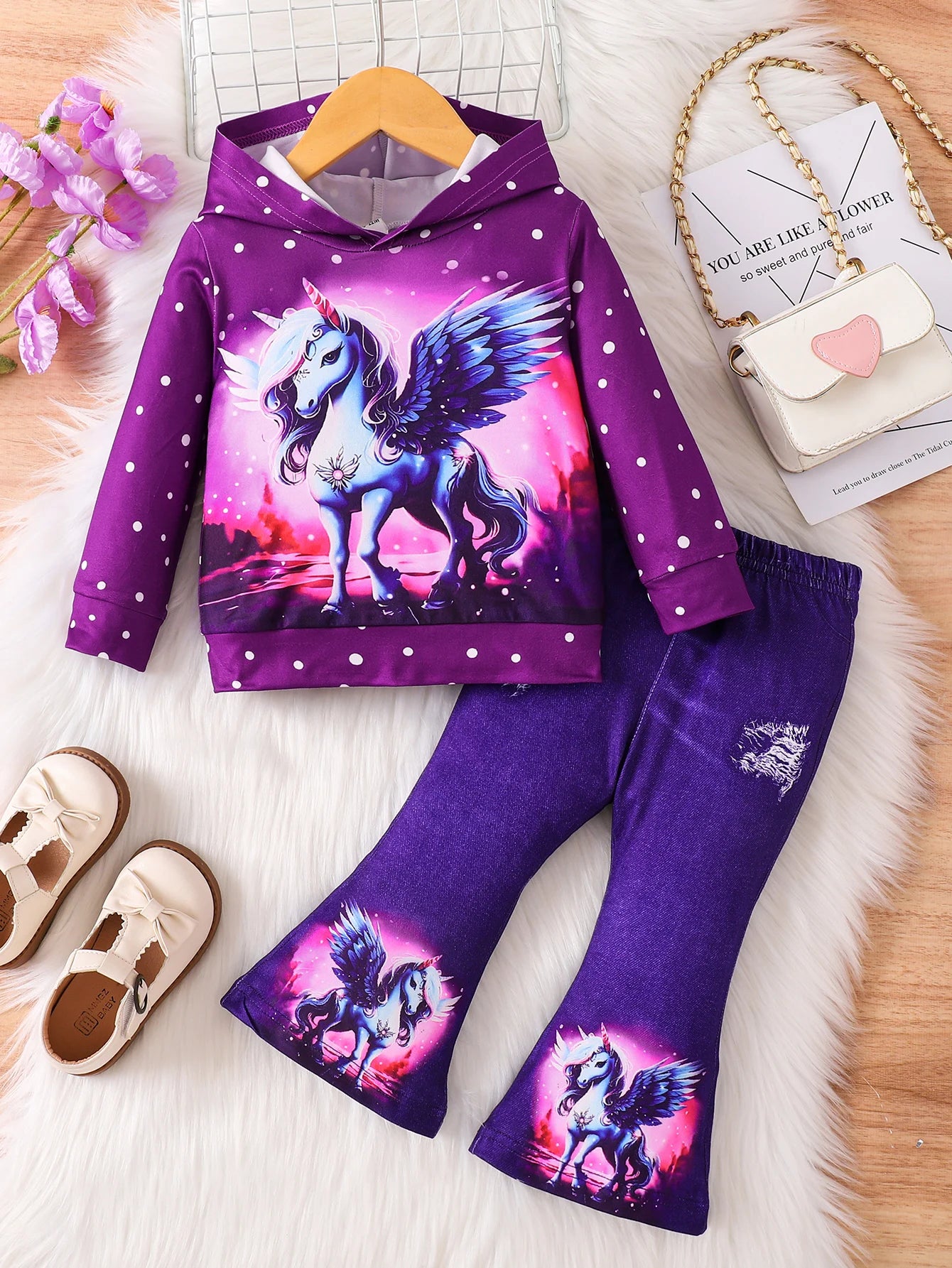 Polka Dot Hooded Unicorn Print Set - Baby's Magical Sweet Stylish Two-Piece