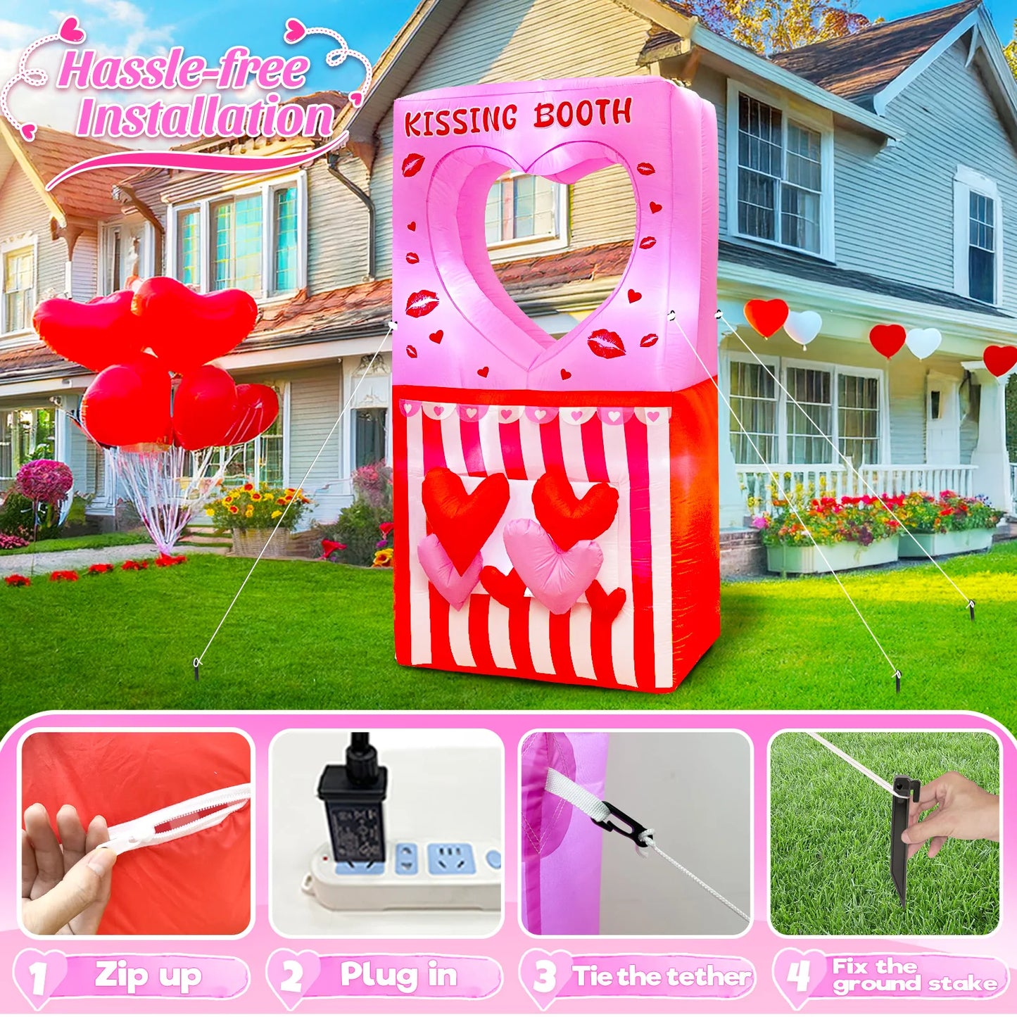 7FT Valentines Day Inflatables Outdoor Decorations, Kissing Booth Valentine Blow Up Inflatable with LEDs for Home Yard Outdoor