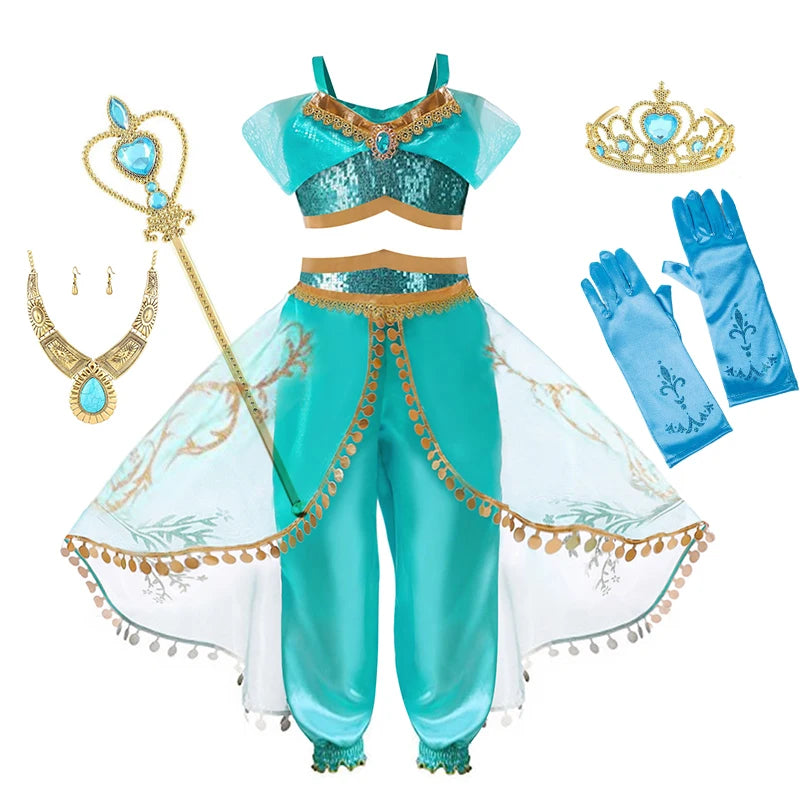 Baby Girls Cosplay Disney Jasmine Costume Aladdin Princess Dress Kids Magic Lamp Fancy Birthday Party Dresses Jasmine Clothes