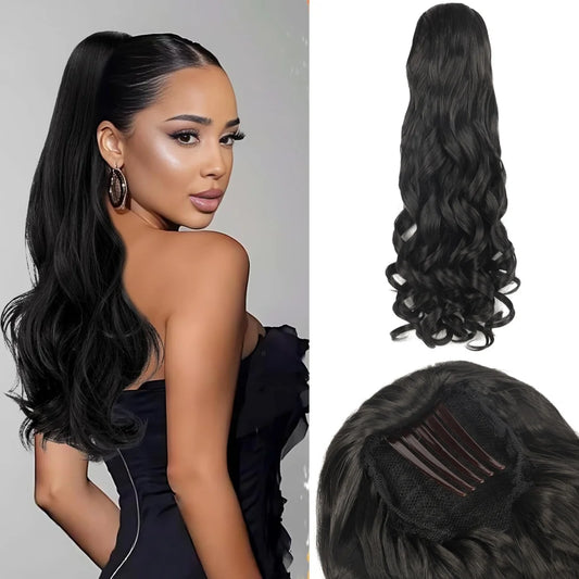 22 Inch Curly Wavy Synthetic Drawstring Ponytail Extensions with Comb Clip-in Ponytail Hair Tails for Women