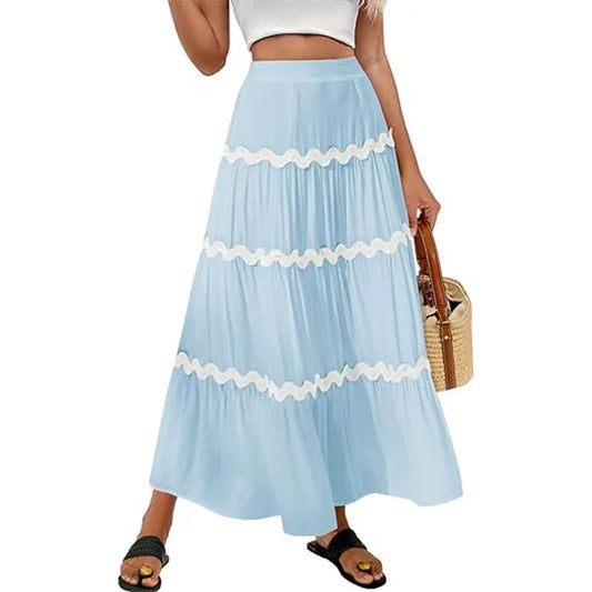 Women Dress Fashion Summer Women's Boho Elastic Waist A-line Skirt Fleece Frizzy Skirt Hem Layer Women's Vacation Outdoor Skirt