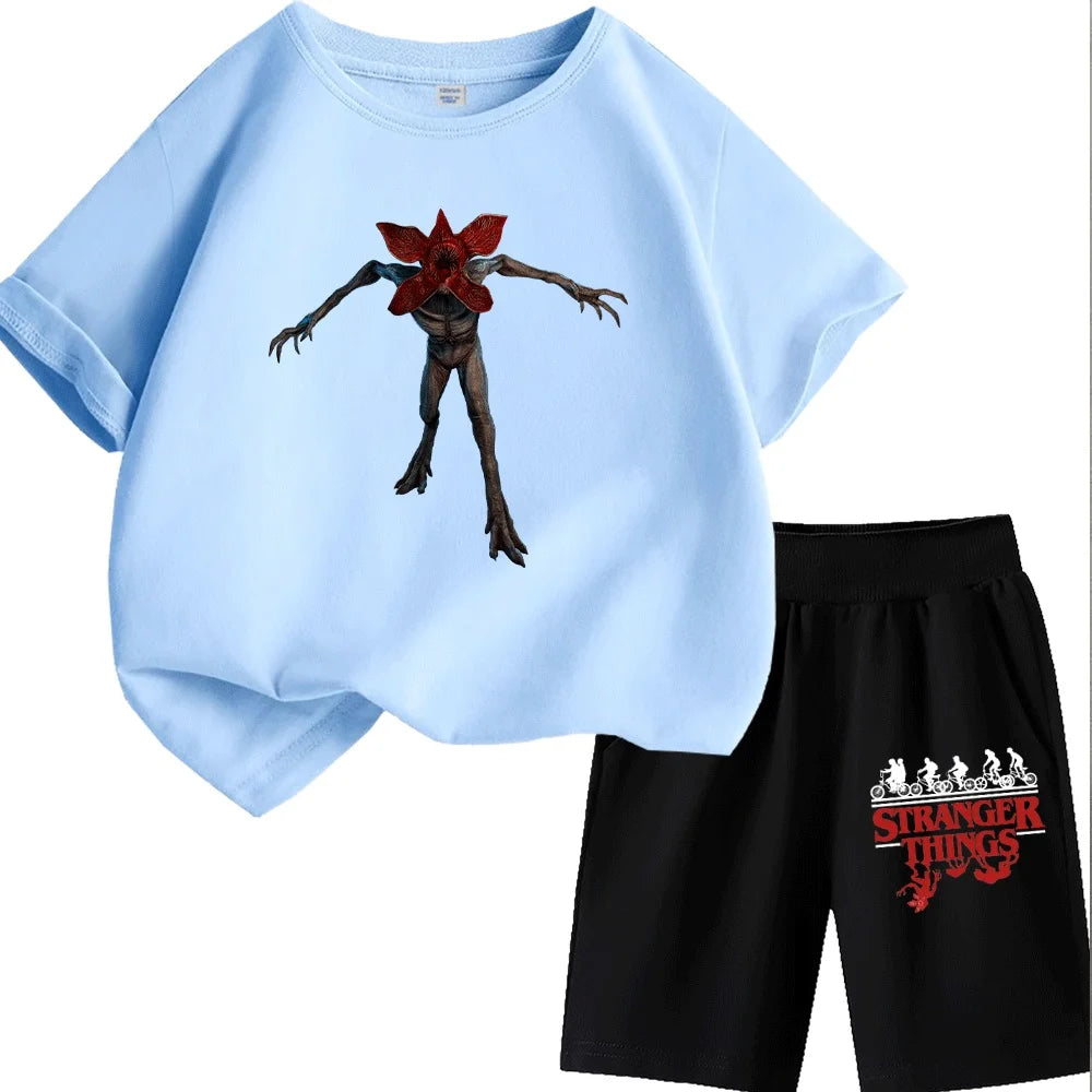 Kids Stranger Things Demogorgon Print T-Shirt Set, Fashionable and Comfortable Short-Sleeve T-Shirt for Boys and Girls, Unique