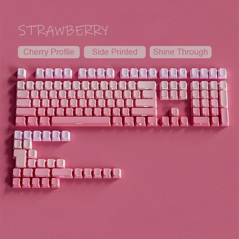 133 Keys Double Shot Shine Through Keycaps Strawberry Pink Side Print PBT Keycaps Cherry Profile for MX Switches Gaming Keyboard
