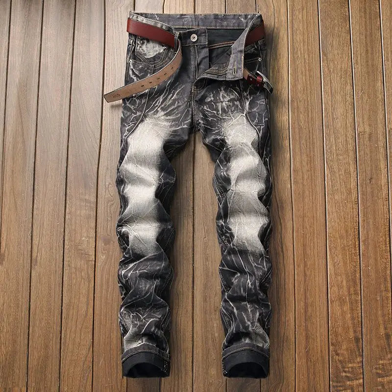 Motorcycle Clothing Men Cowboy Man Ripped Embroidered Straight Slim Retro Men's Pants Primary Color Beggar Nightclub Trousers