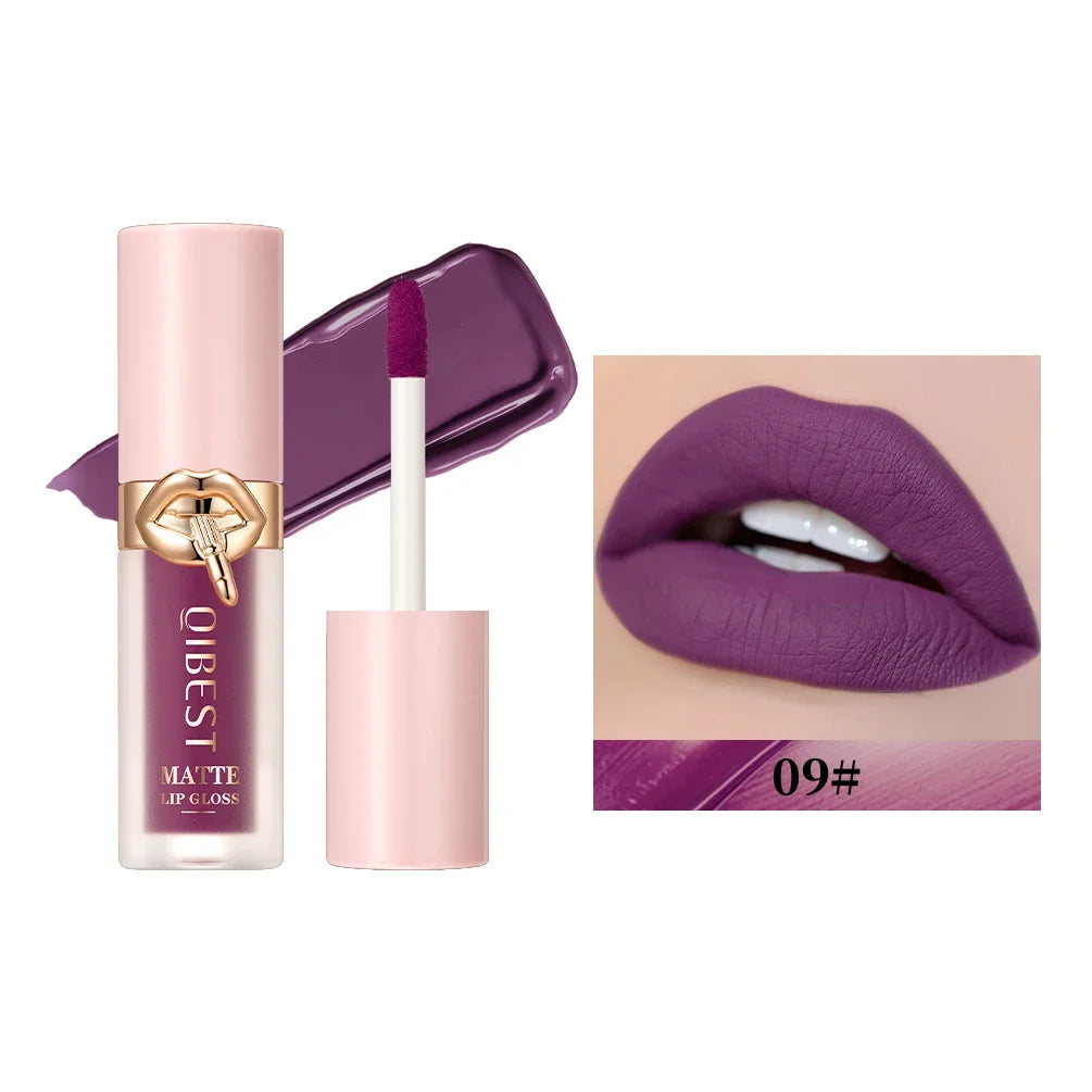 QIBEST Matte Liquid Lipstick Waterproof Silky Sexy Red Lip Gloss Non-Stick Cup Lipgloss Nude Purple Lip Tint Durable Makeup