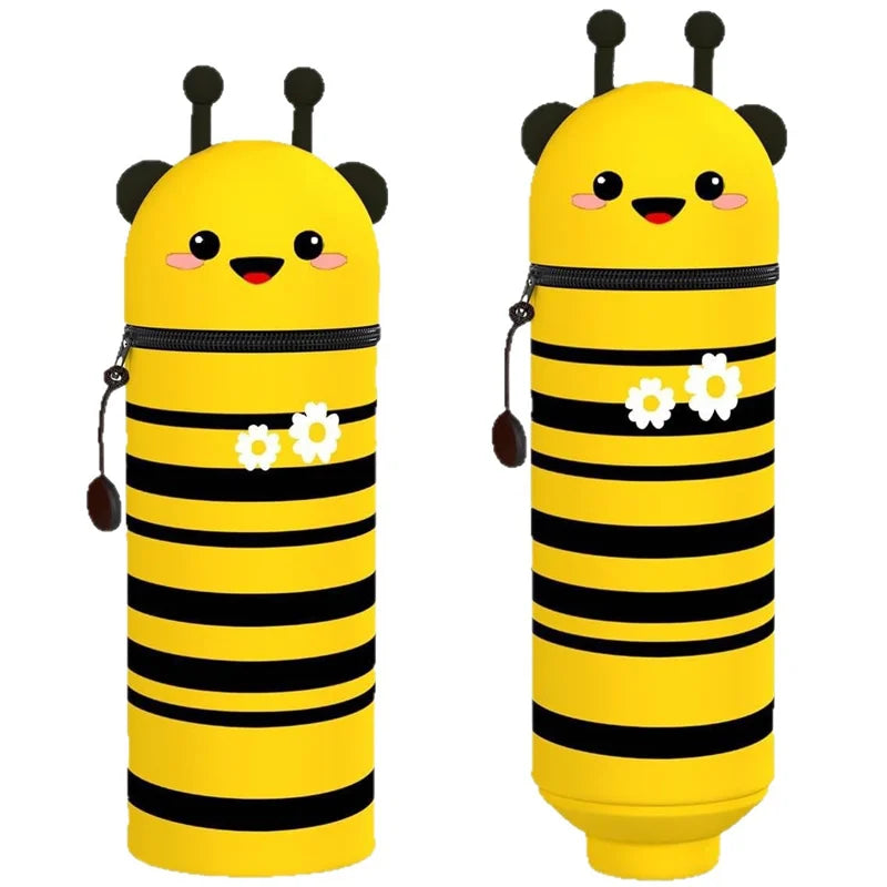 1PCS cartoon Giraffe/ Bee/Panda Kawaii Animals Silicone Telescoping Pencil Case Student Large Capacity Stationery Bag Learn
