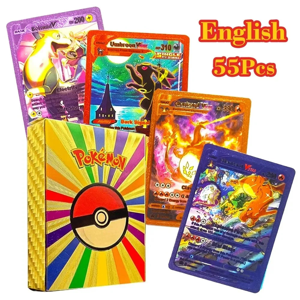 27-55Pcs Pokemon 3D Cards Colorful Shining English Spanish Vmax Gx Charizard Pikachu Trading Collection Battle Card Toys Gifts