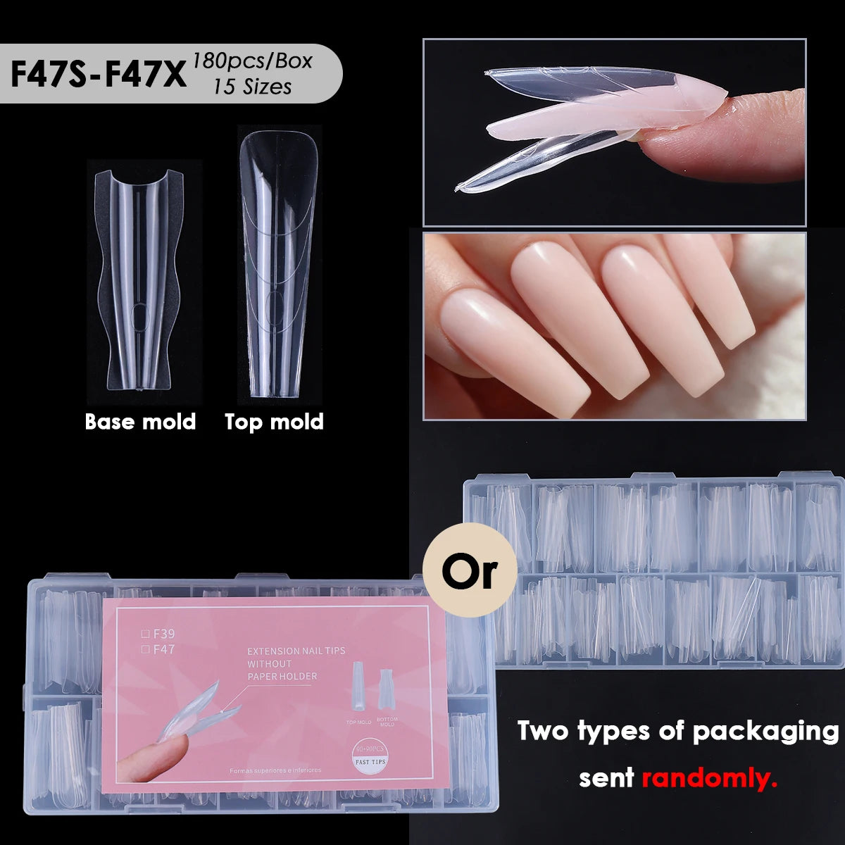180pcs New Sandwich Nail Extension Mold Interlayer Dual Nail Forms Easy To Shape Oval/Coffin Mixed 15 Size Prolong Tool Manicure