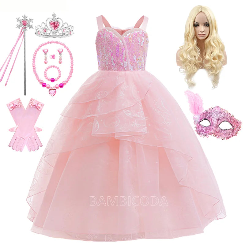 The--Wicked Glinda Elphaba Cosplay Costume Glinda Pink Princess Dress Costume For Girl Party Cosplay Movie Party Witch Clothing