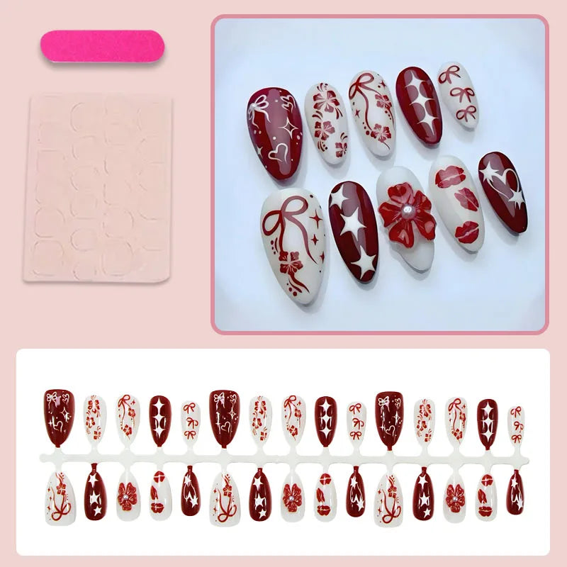 24Pcs Pink Square Fake Nails Women Valentine's Day Short Ballet Press On Nails French False Nails Bowknot/Lip/Love Heart Decor