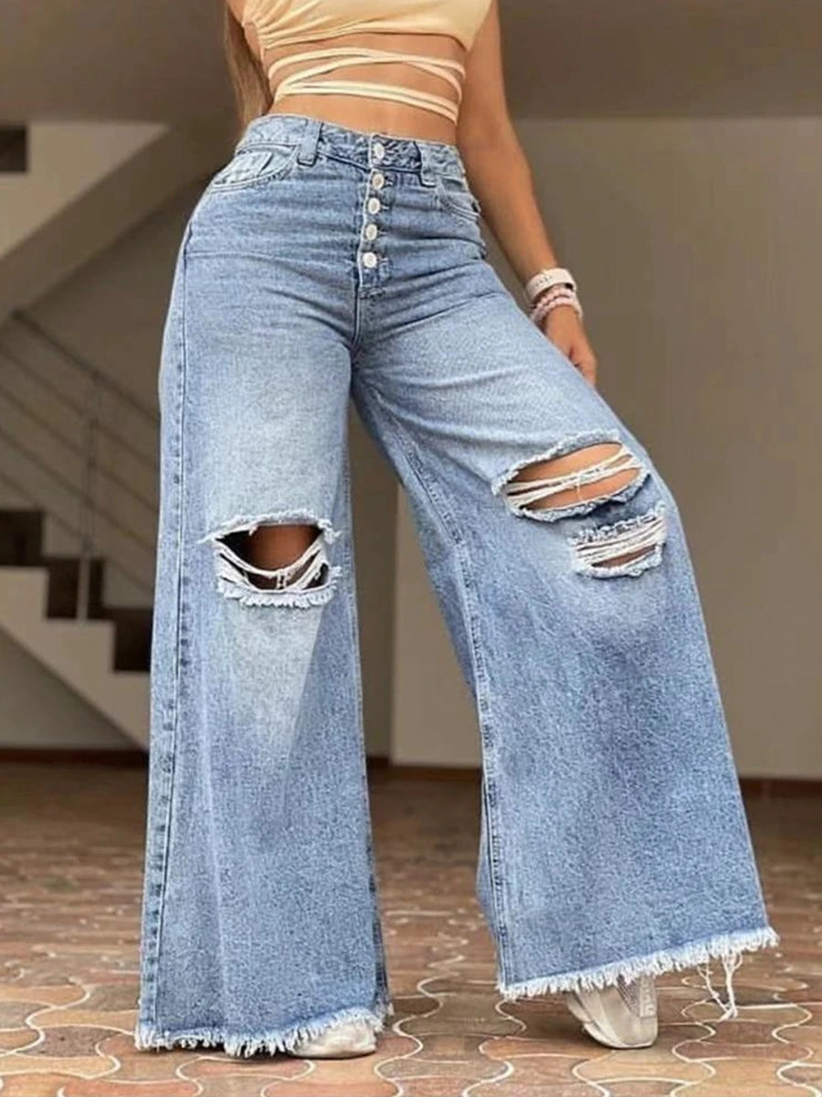 Women's Fashionable High Waisted Retro Loose Hole Wide Leg Pants Light Color Washed New Jeans Women's Long Pants