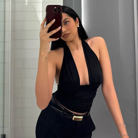 Summer 2025 Women Sexy Clothes Solid Color Sleeveless Hanging Neck Hollow Out Deep V Tank Top Backless Midriff-baring Halter Top