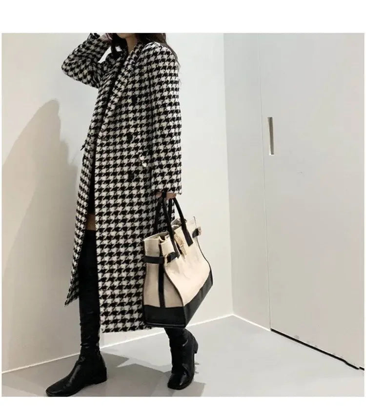 Women Autumn Winter Woolen Coat 2025 New Women Double Breasted Coat Korean Houndstooth Mid-Length Woolen Coat Lady Winter Jacket