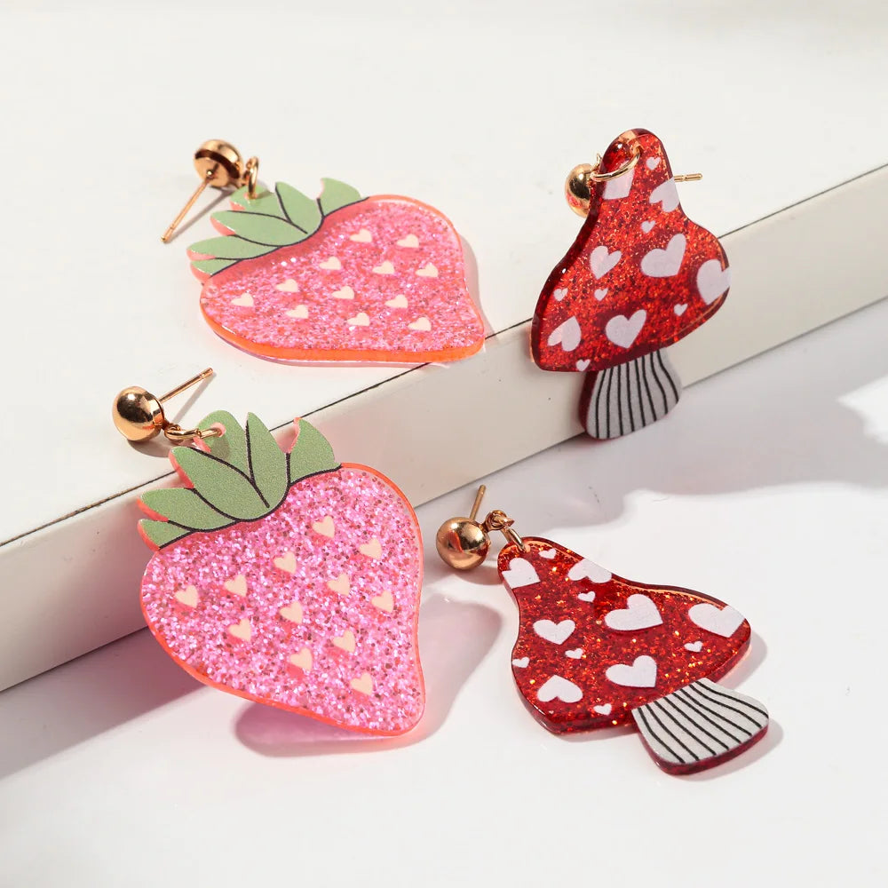 Glitter Pink Strawberry Acrylic Drop Earrings for Women New Cute Red Mushroom Drop Earring Trendy Jewelry Valentine's Day Gifts